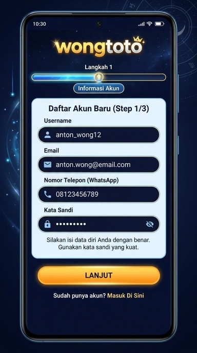 Tampilan halaman daftar wongtoto
